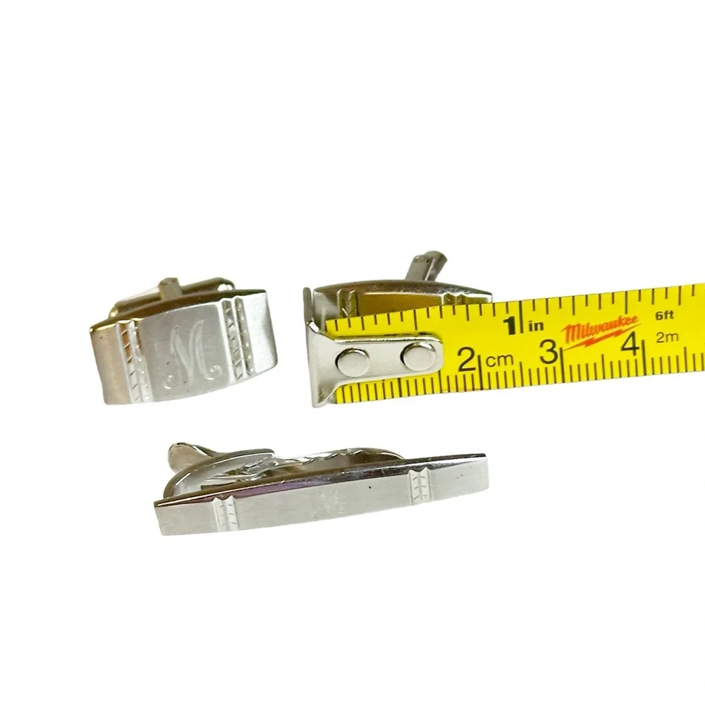 Hickok Vintage Mid Century M Monogram Initial Tie Clip & Cuff Link Set